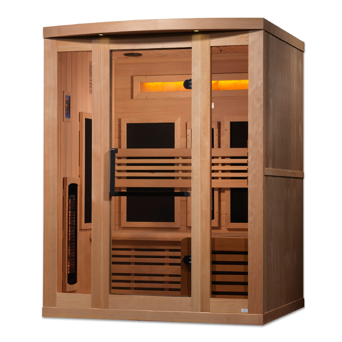 Golden Designs 3-Person Full Spectrum Near Zero EMF Infrared Sauna with Three Himalayan Salt Bars, front angle view