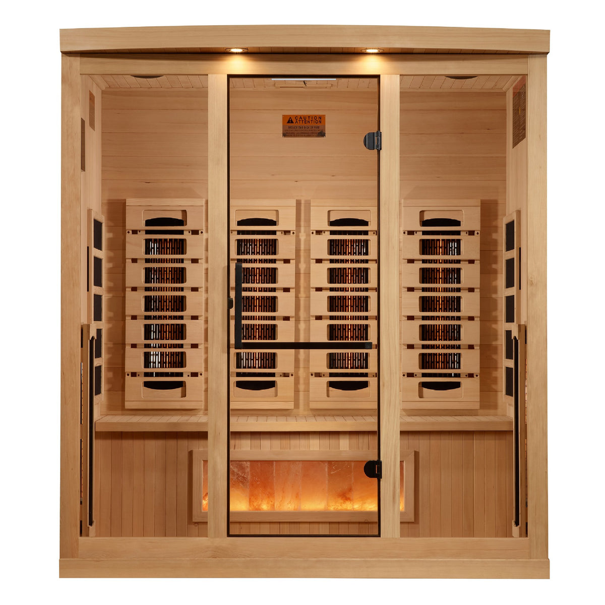 Golden Designs 4-Person Full Spectrum Near Zero EMF Infrared Sauna with Himalayan Salt Bar, front view