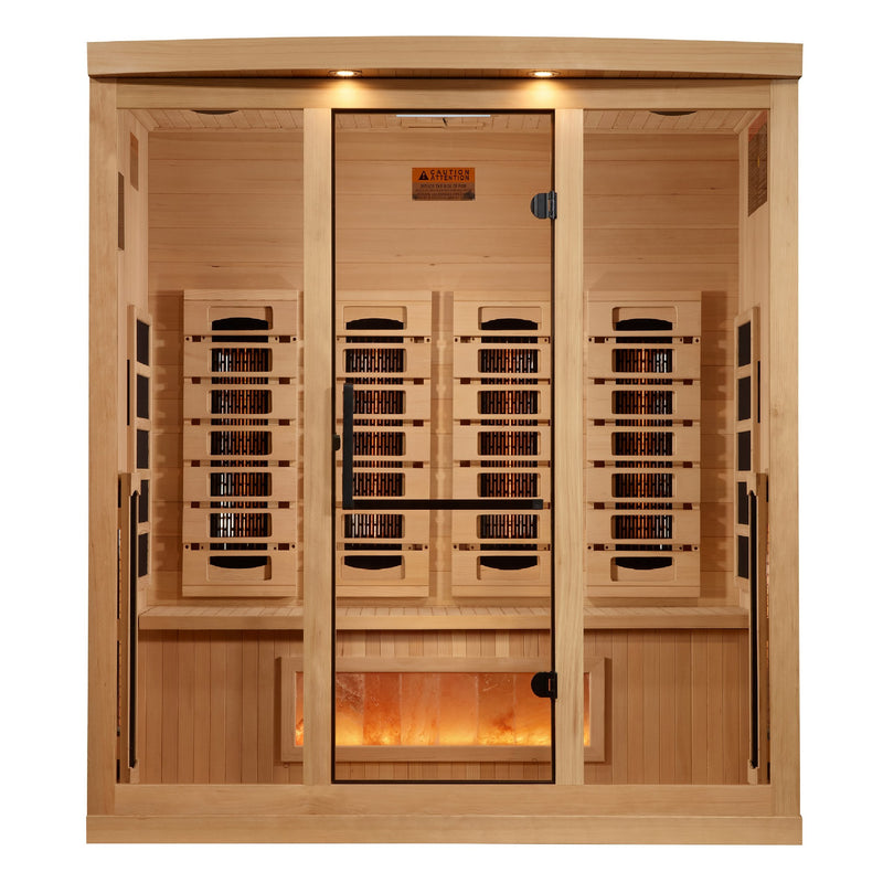 Golden Designs 4-Person Full Spectrum Near Zero EMF Infrared Sauna with Himalayan Salt Bar, front view