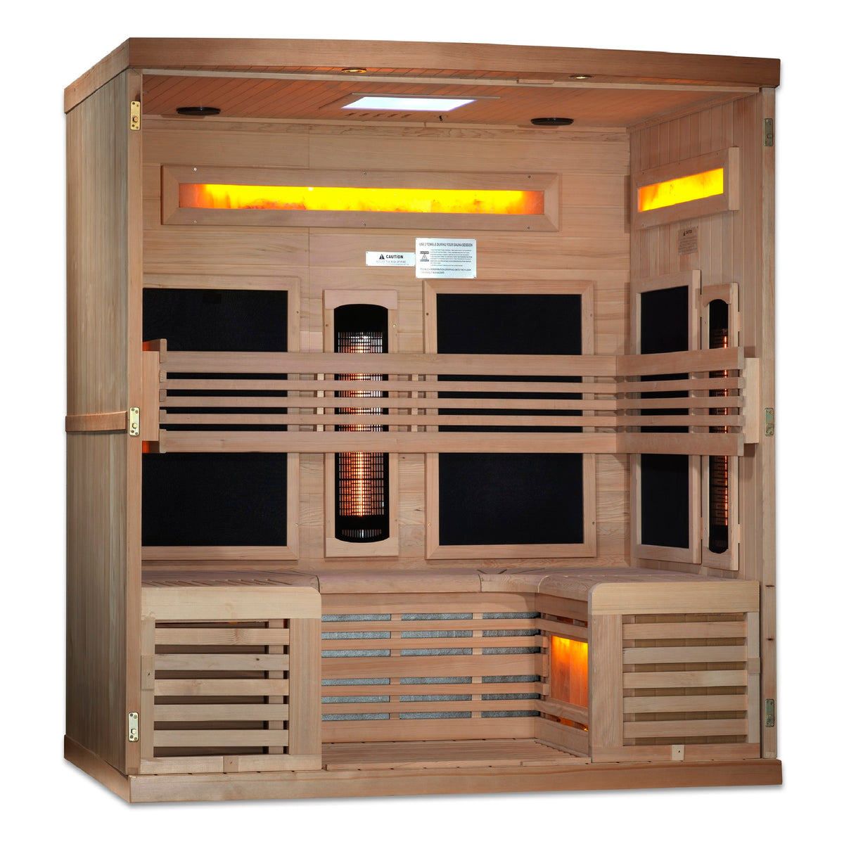 Golden Designs 6-Person Full Spectrum Near Zero EMF Infrared Sauna with Five Himalayan Salt Bars, interior view
