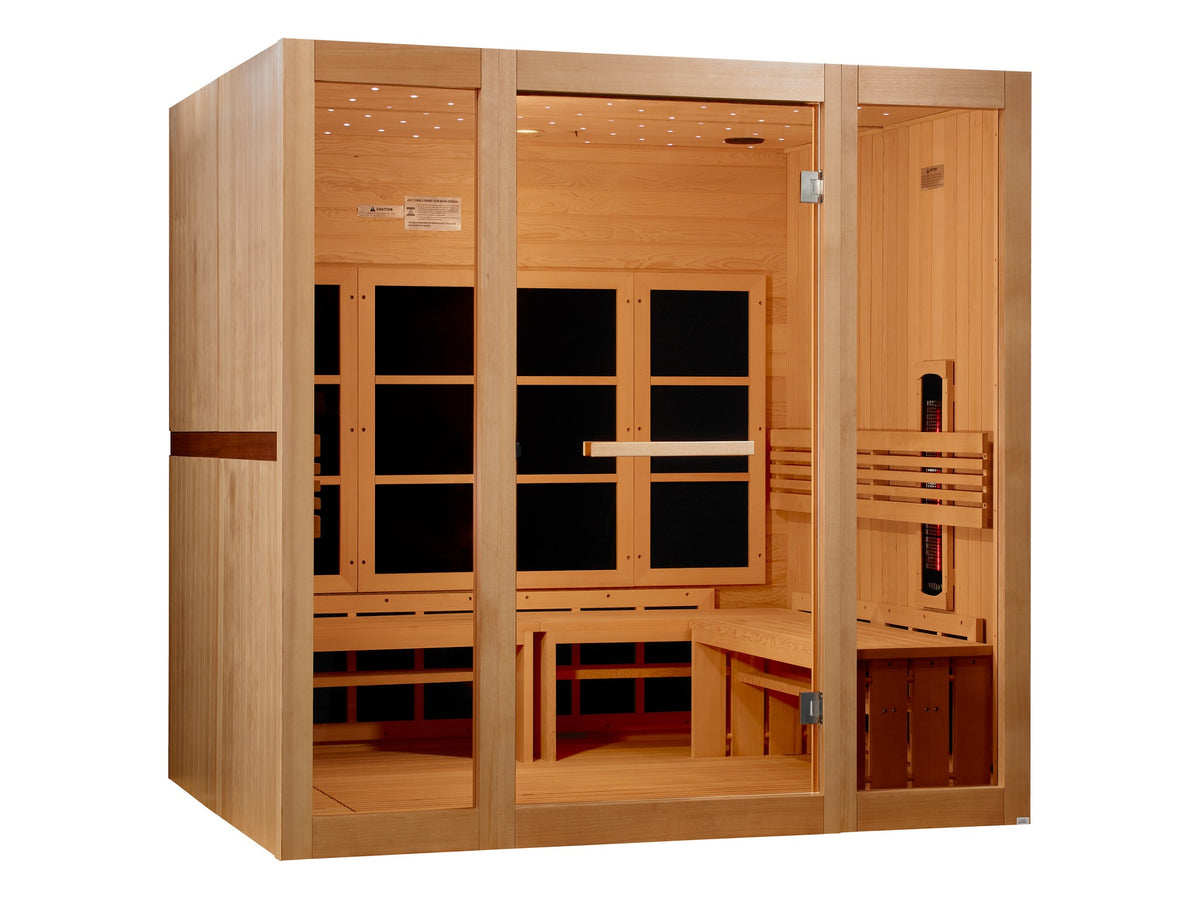 Golden Designs 8-Person Full Spectrum Near Zero EMF Infrared Sauna, front angle view with the bench on the right