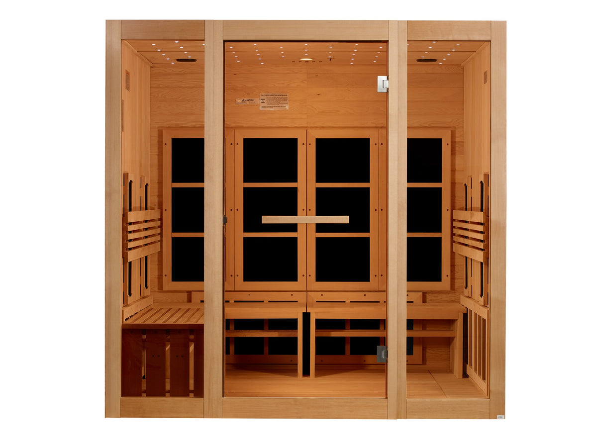 Golden Designs 8-Person Full Spectrum Near Zero EMF Infrared Sauna, front view with the bench on the left