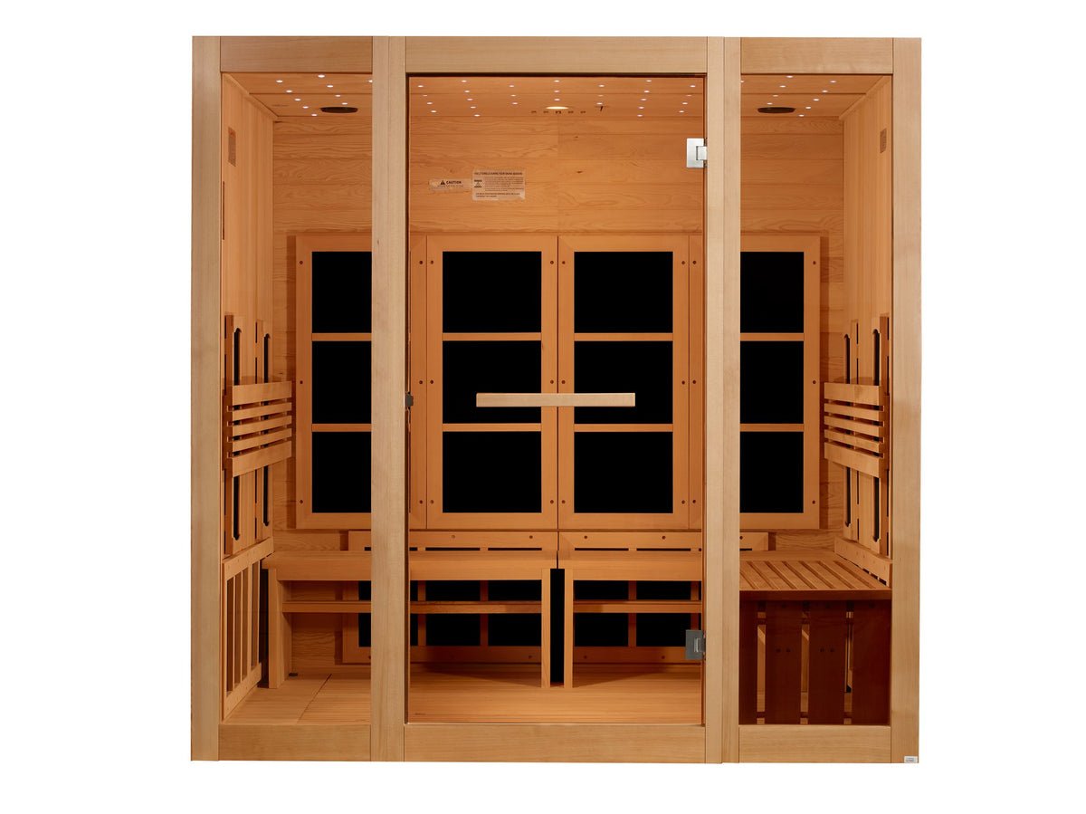 Golden Designs 8-Person Full Spectrum Near Zero EMF Infrared Sauna, front view with the bench on the right