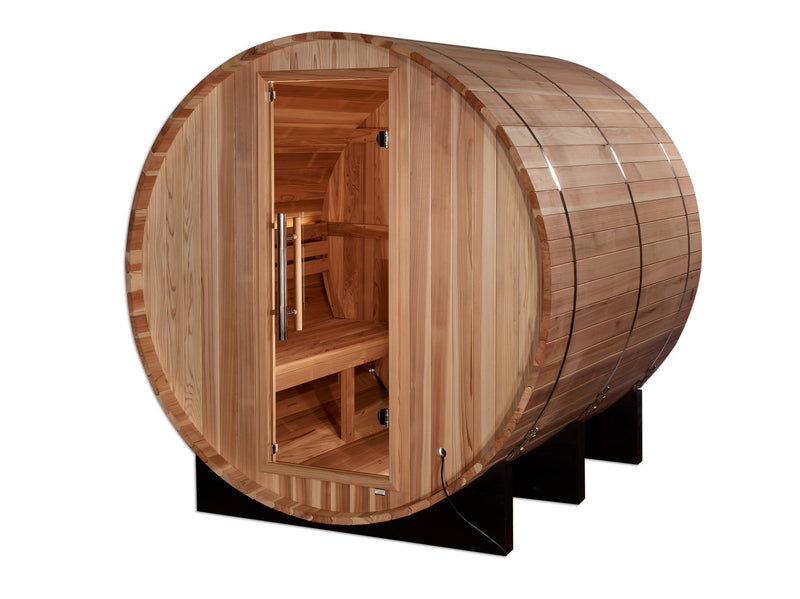 Golden Designs Arosa 4-Person Traditional Barrel Sauna, front angle view