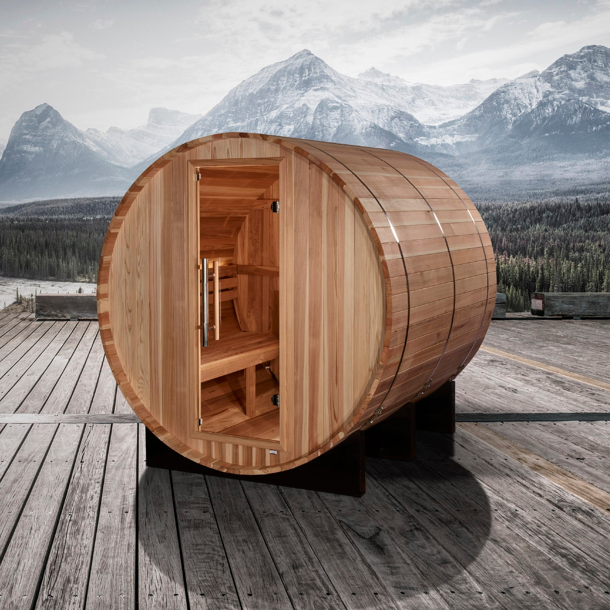 Golden Designs Arosa 4-Person Traditional Barrel Sauna in an outdoor setting