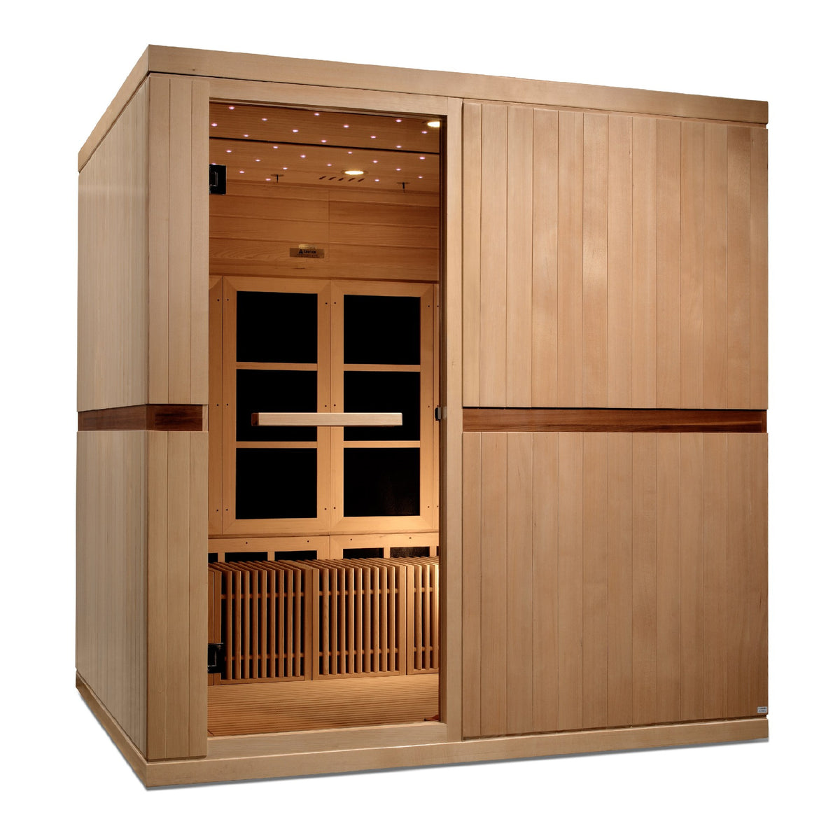 Golden Designs Catalonia 8-Person Near Zero EMF Infrared Sauna, side angle view
