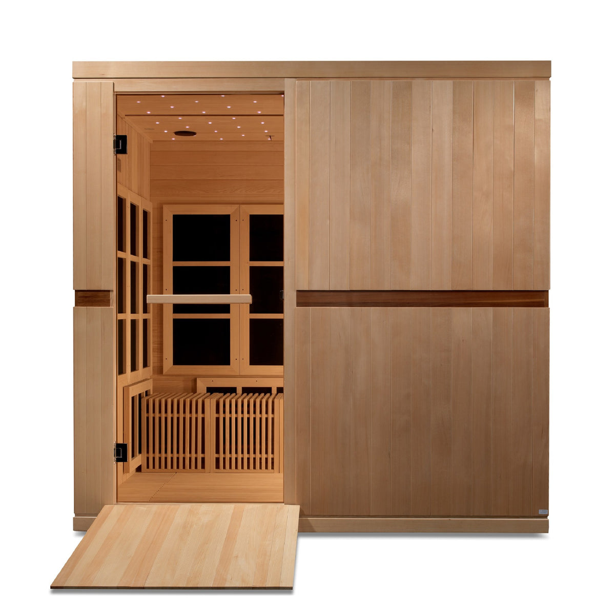 Golden Designs Catalonia 8-Person Near Zero EMF Infrared Sauna, front view with entry ramp