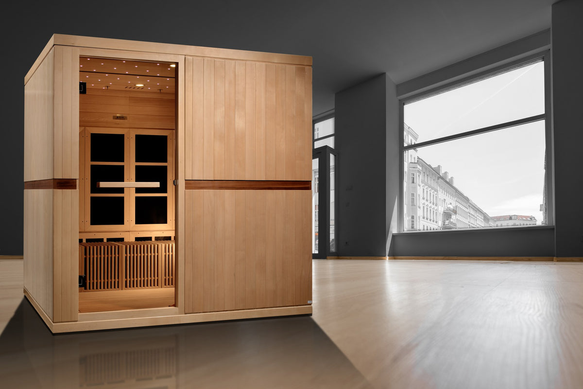 Golden Designs Catalonia 8-Person Near Zero EMF Infrared Sauna in a home setting