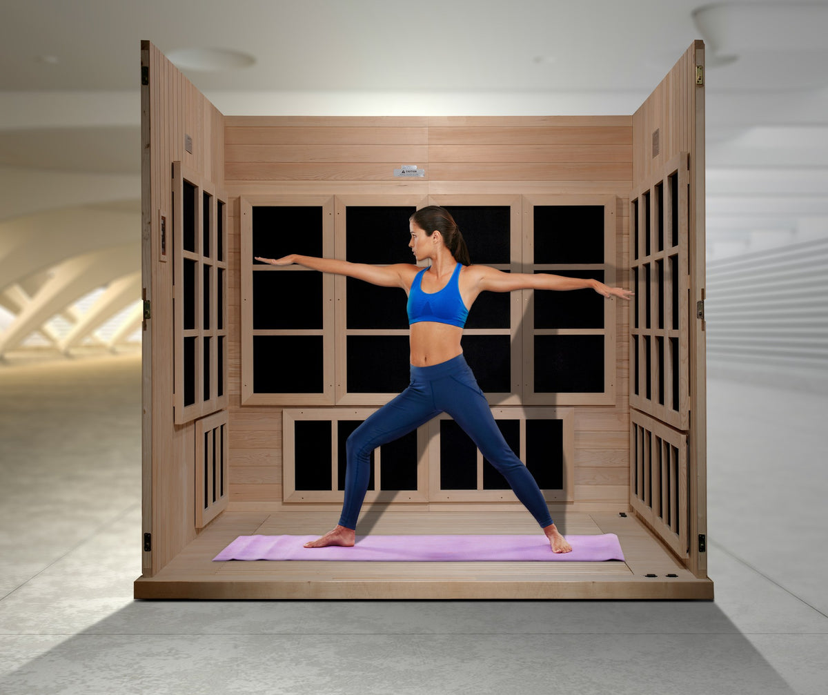 Golden Designs Catalonia 8-Person Near Zero EMF Infrared Sauna in use