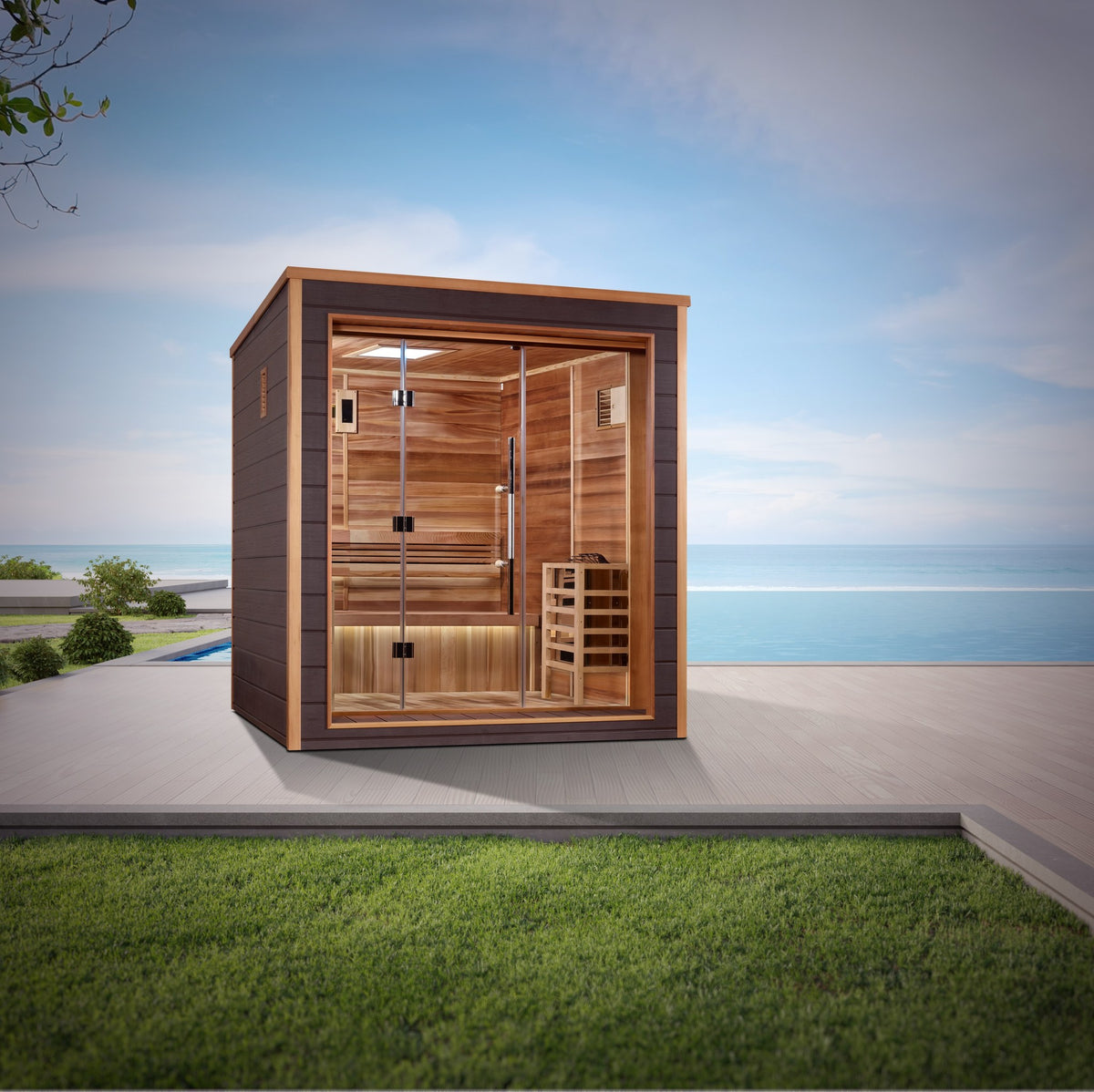 Golden Designs Drammen 3-Person Traditional Outdoor Sauna in an outdoor setting