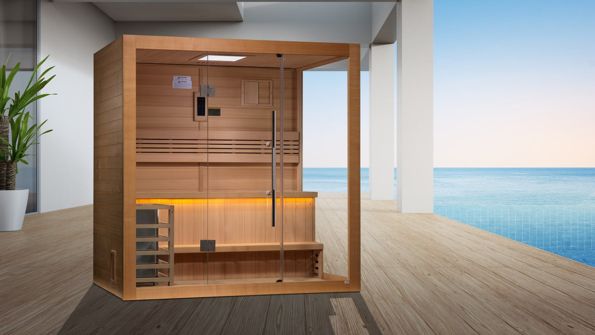 Golden Designs Forssa 3-Person Traditional Indoor Sauna on a covered patio