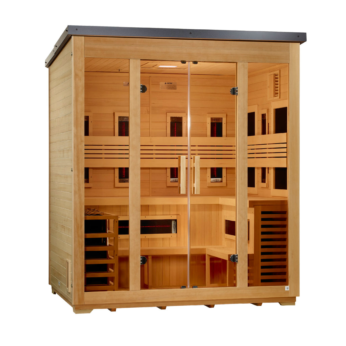 Golden Designs Gargellen Flat Roof 5-Person Hybrid Outdoor Sauna, front angle view