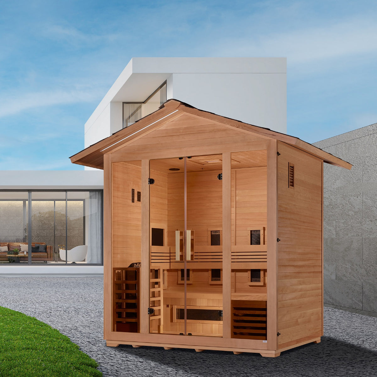 Golden Designs Gargellen 5-Person Hybrid Outdoor Sauna beside a home