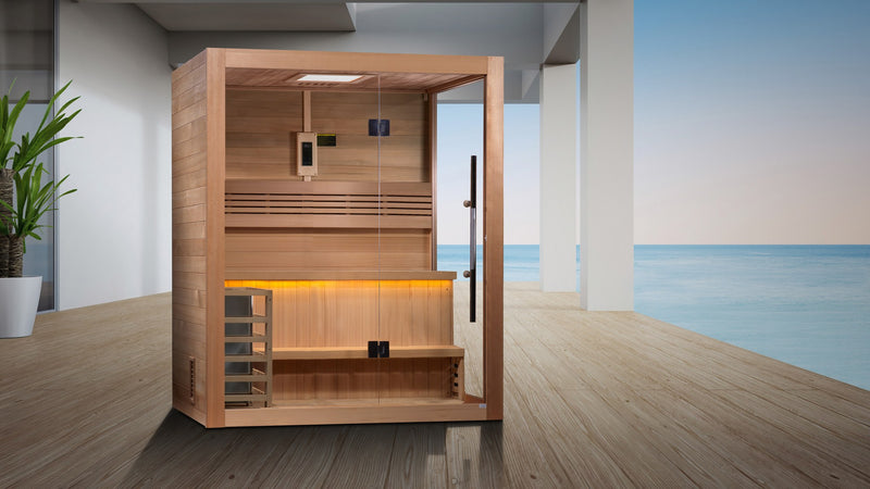 Golden Designs Hanko 2-Person Traditional Indoor Sauna on a covered patio