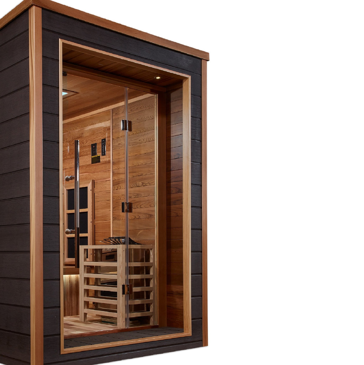 Golden Designs Karlstad 6-Person Hybrid Outdoor Sauna, glass front detail