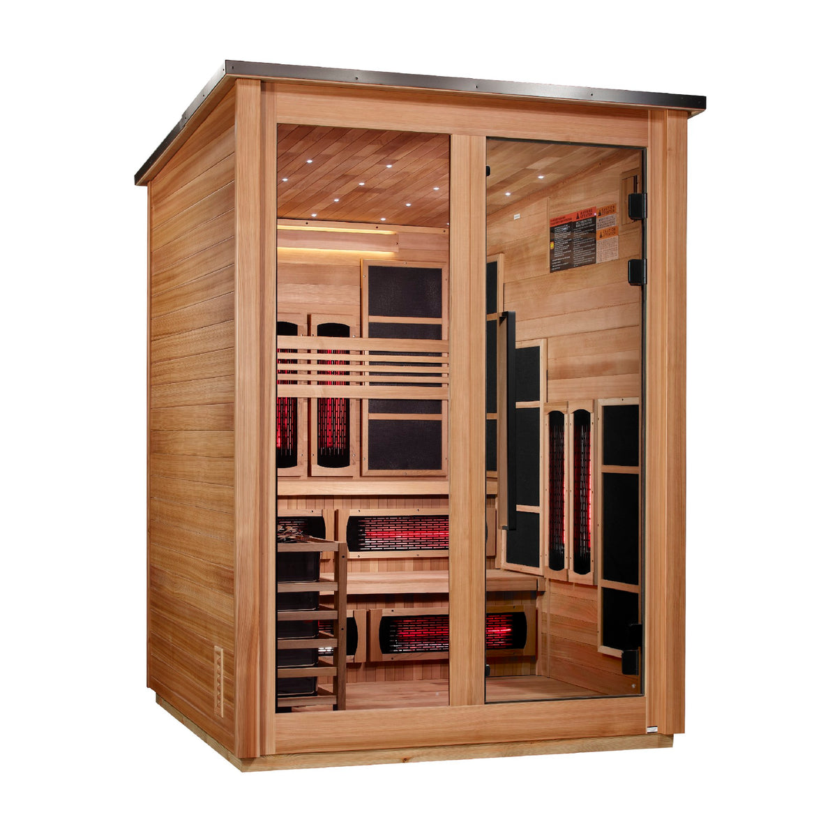 Golden Designs Kaskinen 6-Person Hybrid Outdoor Sauna, Pacific Cedar Finish, front angle view