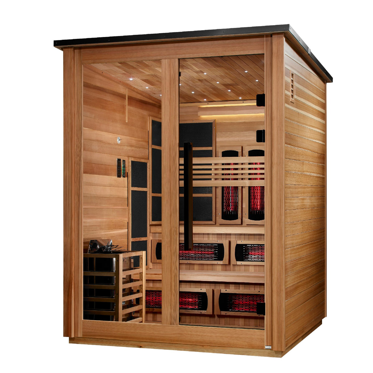 Golden Designs Kaskinen 6-Person Hybrid Outdoor Sauna, Pacific Cedar Finish, side angle view
