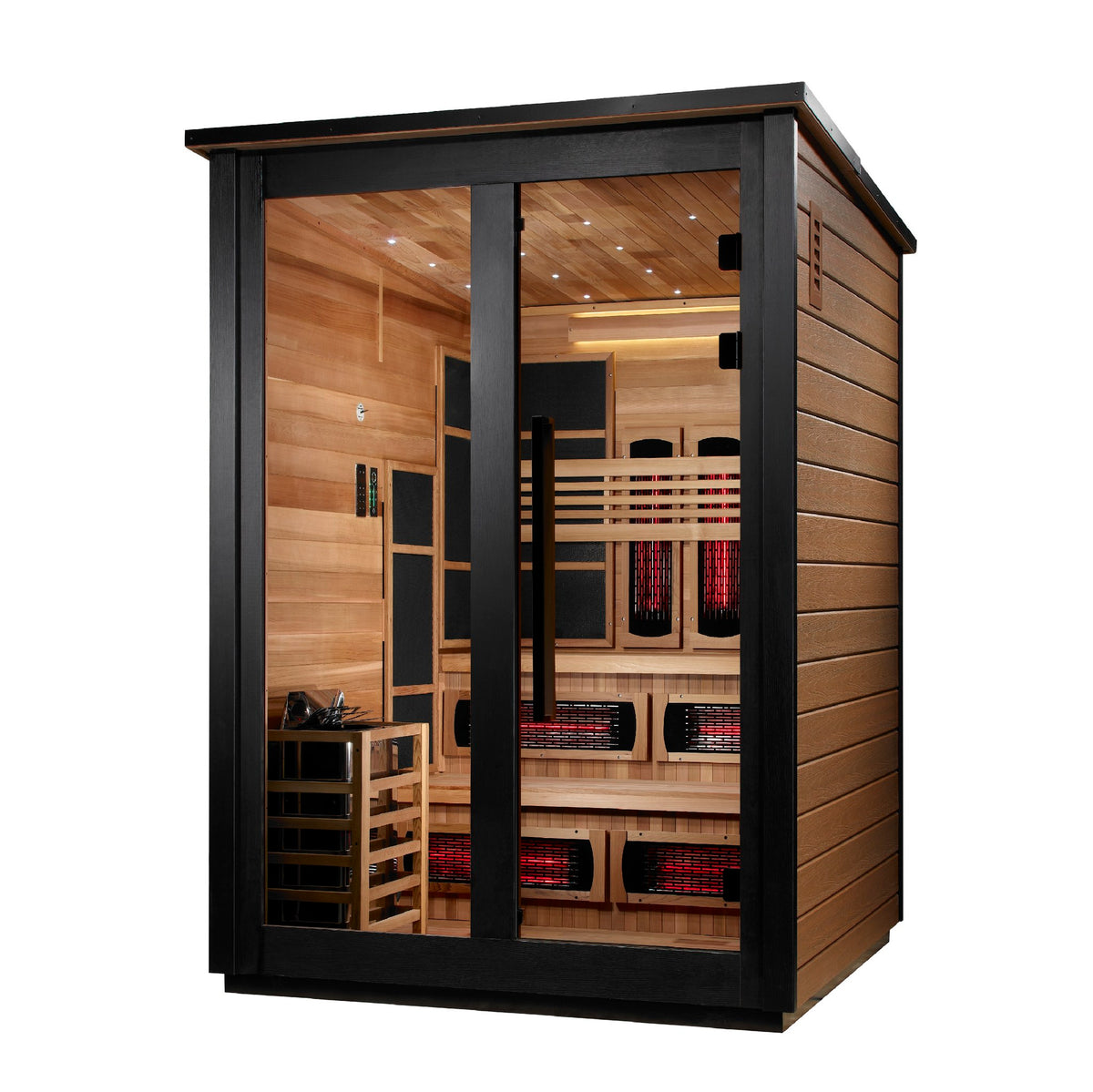 Golden Designs Kaskinen 6-Person Hybrid Outdoor Sauna, Two-Tone Finish, side angle view