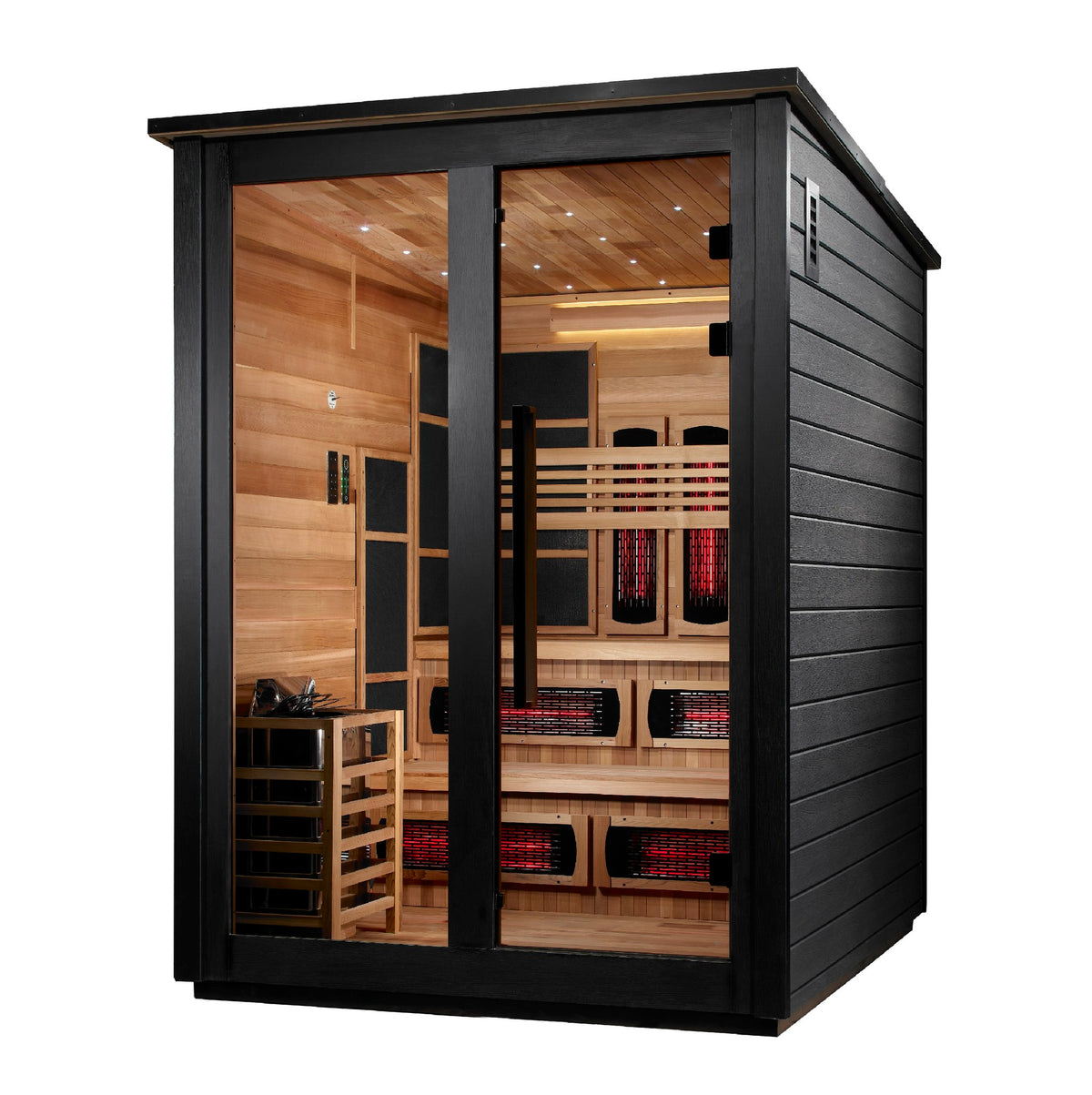 Golden Designs Kaskinen 6-Person Hybrid Outdoor Sauna, Black Finish, side angle view