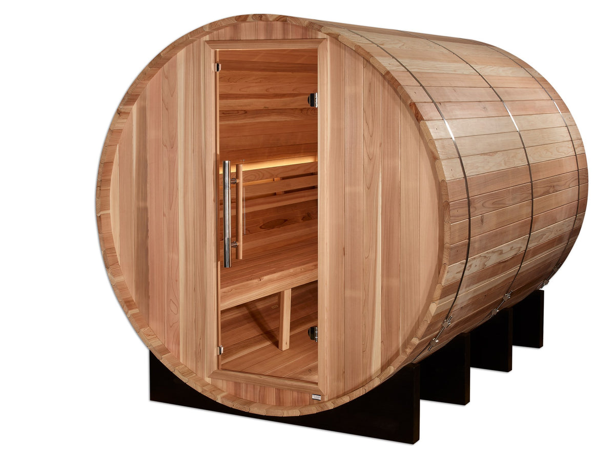 Golden Designs Klosters 6-Person Traditional Barrel Sauna, front angle view