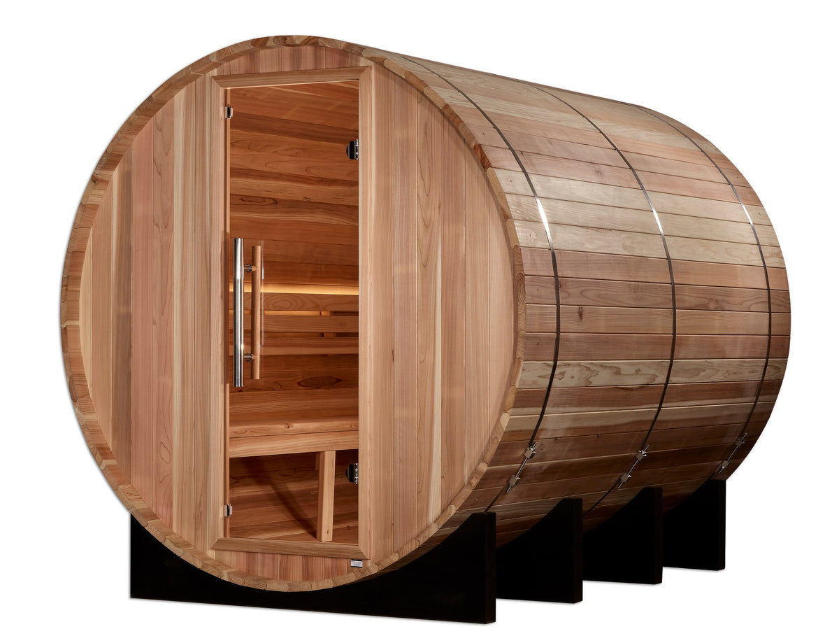 Golden Designs Klosters 6-Person Traditional Barrel Sauna, second front angle view