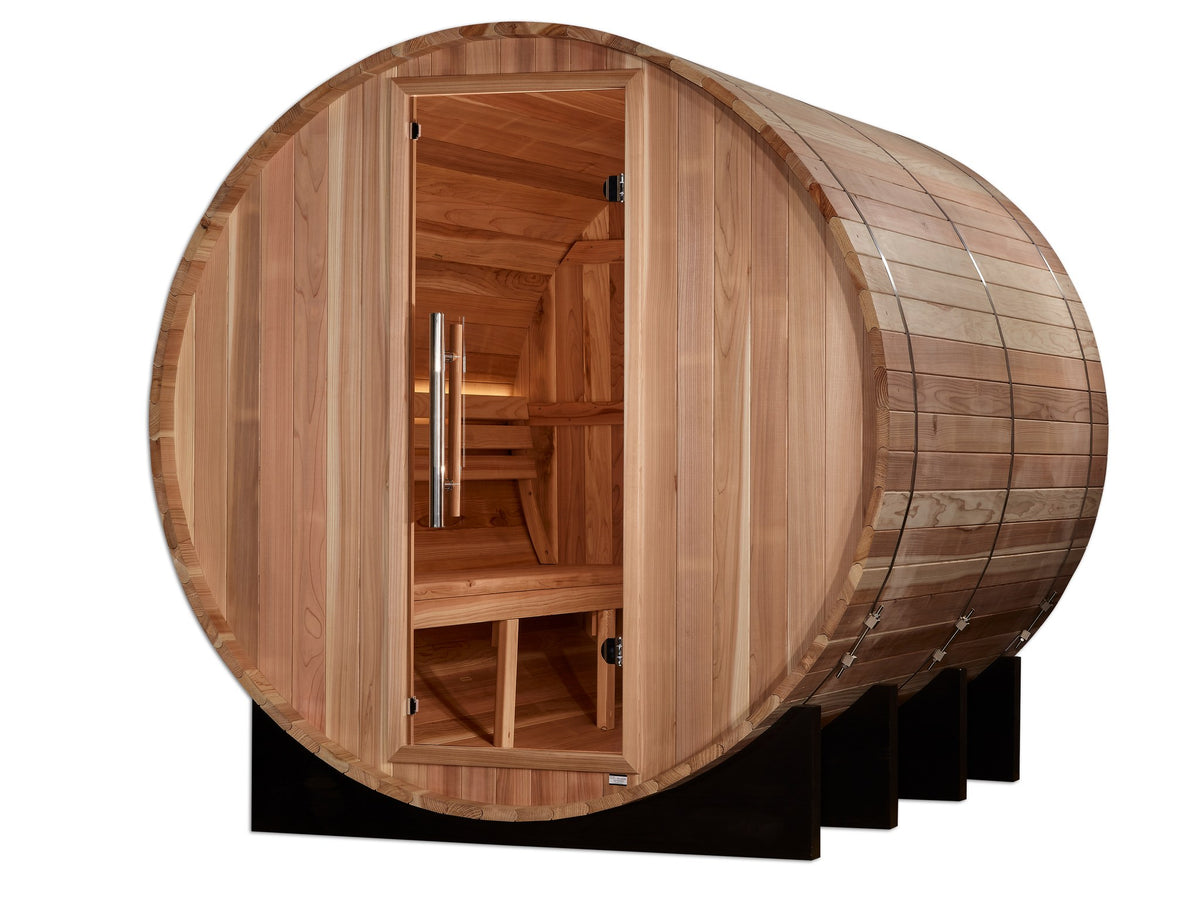Golden Designs Klosters 6-Person Traditional Barrel Sauna, third front angle view