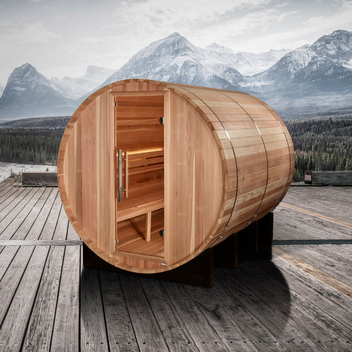 Golden Designs Klosters 6-Person Traditional Barrel Sauna in an outdoor setting