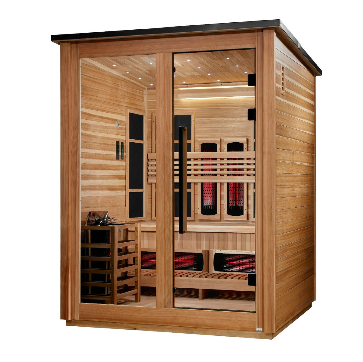 Golden Designs Loviisa 3-Person Hybrid Outdoor Sauna, Pacific Cedar Finish, side angle view