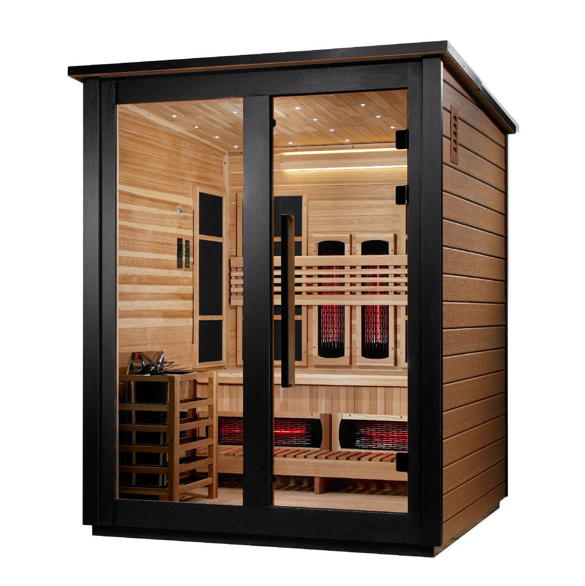 Golden Designs Loviisa 3-Person Hybrid Outdoor Sauna, Two-Tone Finish, side angle view