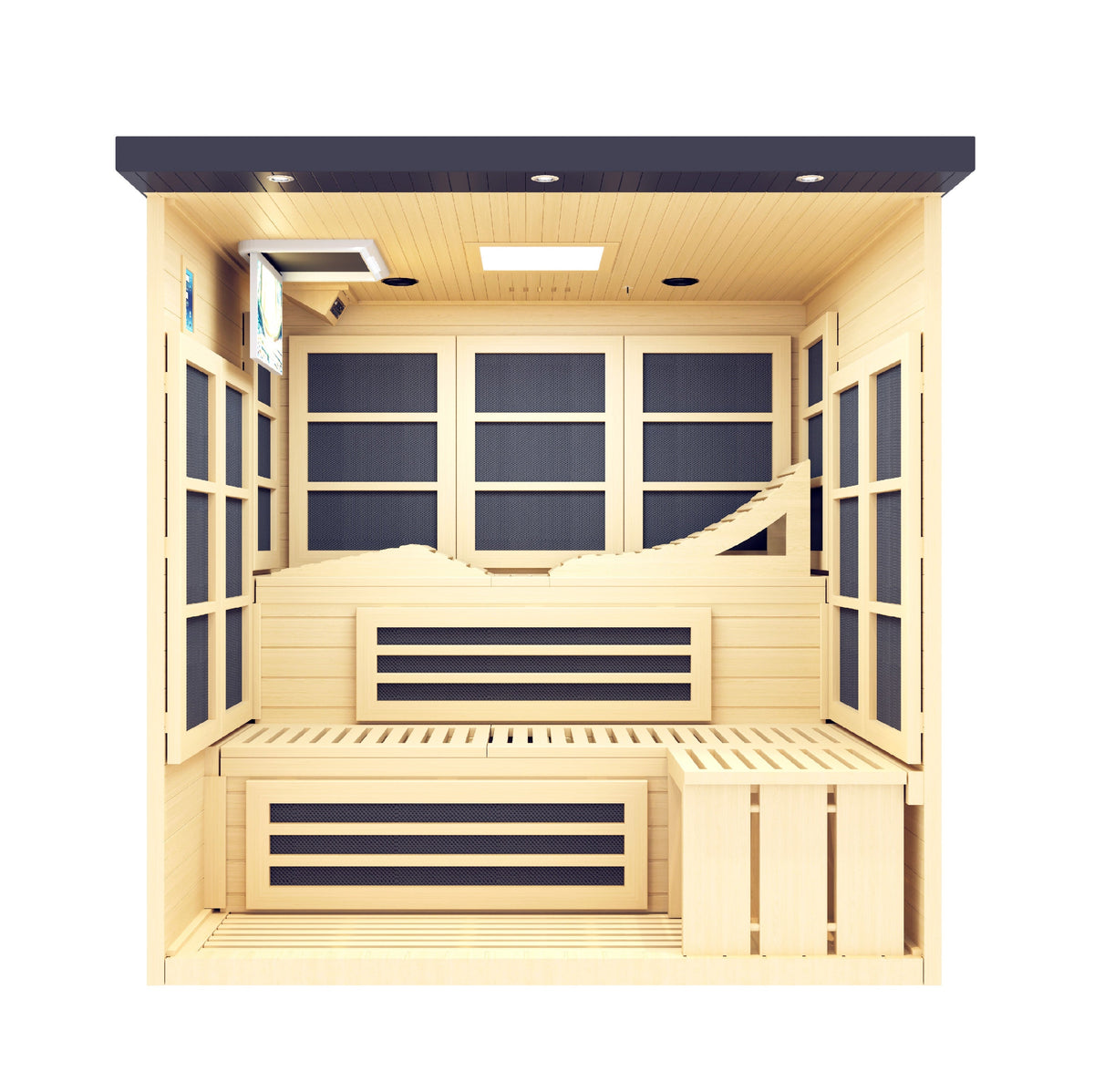 Golden Designs Monaco sauna interior with carbon heating panels and benches
