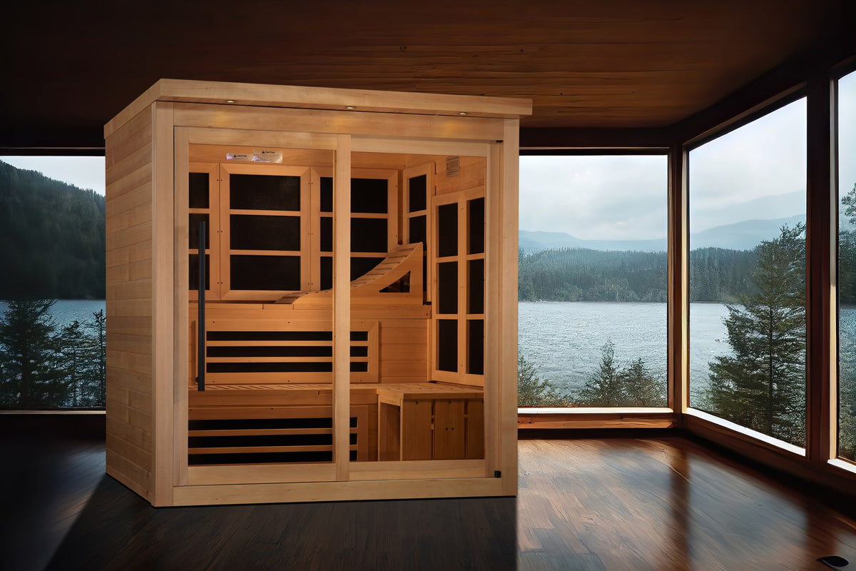 Golden Designs Monaco Limited Edition 6-Person Near Zero EMF Infrared Sauna in a home setting