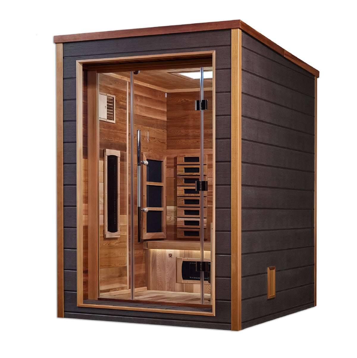 Golden Designs Nora 2-Person Hybrid Outdoor Sauna, side angle view