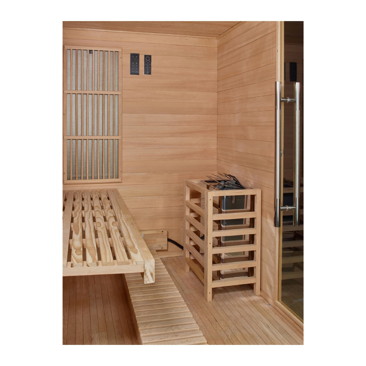 Golden Designs Soria 3-Person Hybrid Indoor Sauna, interior with stove and bench