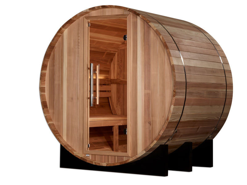 Golden Designs St. Moritz 2-Person Traditional Barrel Sauna, front angle view