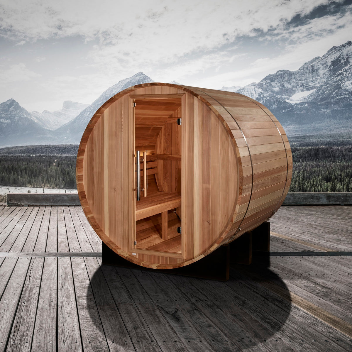 Golden Designs St. Moritz 2-Person Traditional Barrel Sauna in an outdoor setting