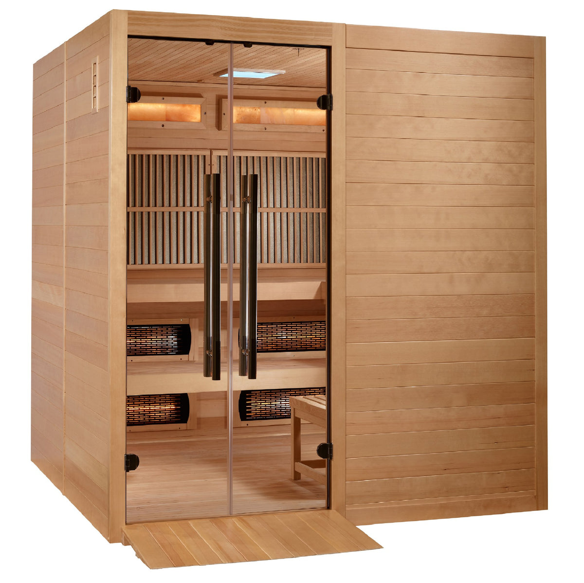Golden Designs Toledo 6-Person Hybrid Indoor Sauna, front angle view with entry ramp