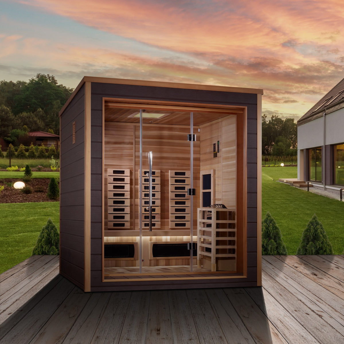 Golden Designs Visby 3-Person Hybrid Outdoor Sauna beside a home
