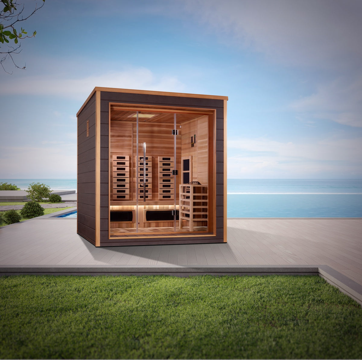 Golden Designs Visby 3-Person Hybrid Outdoor Sauna in an outdoor setting