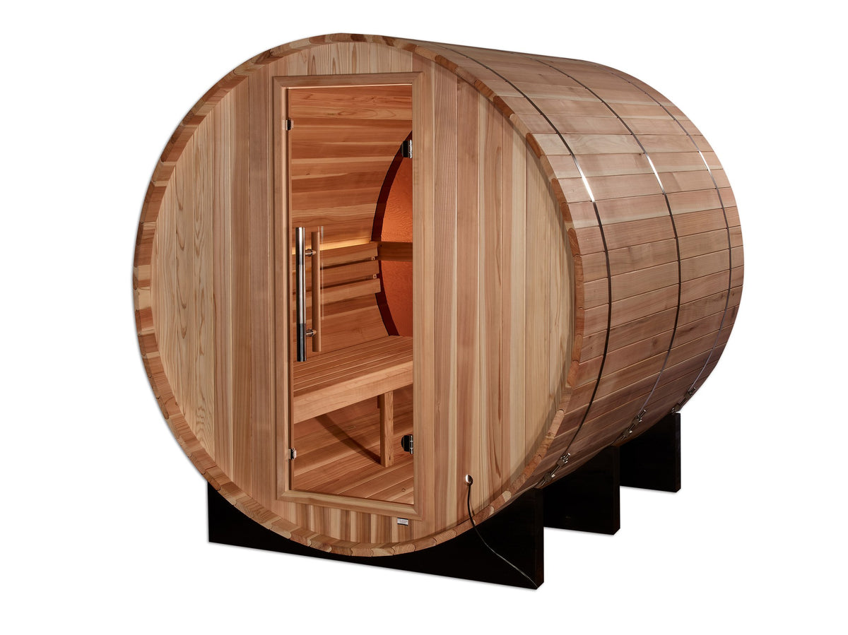 Golden Designs Zurich 4-Person Traditional Barrel Sauna with Bronze Privacy View, front angle view
