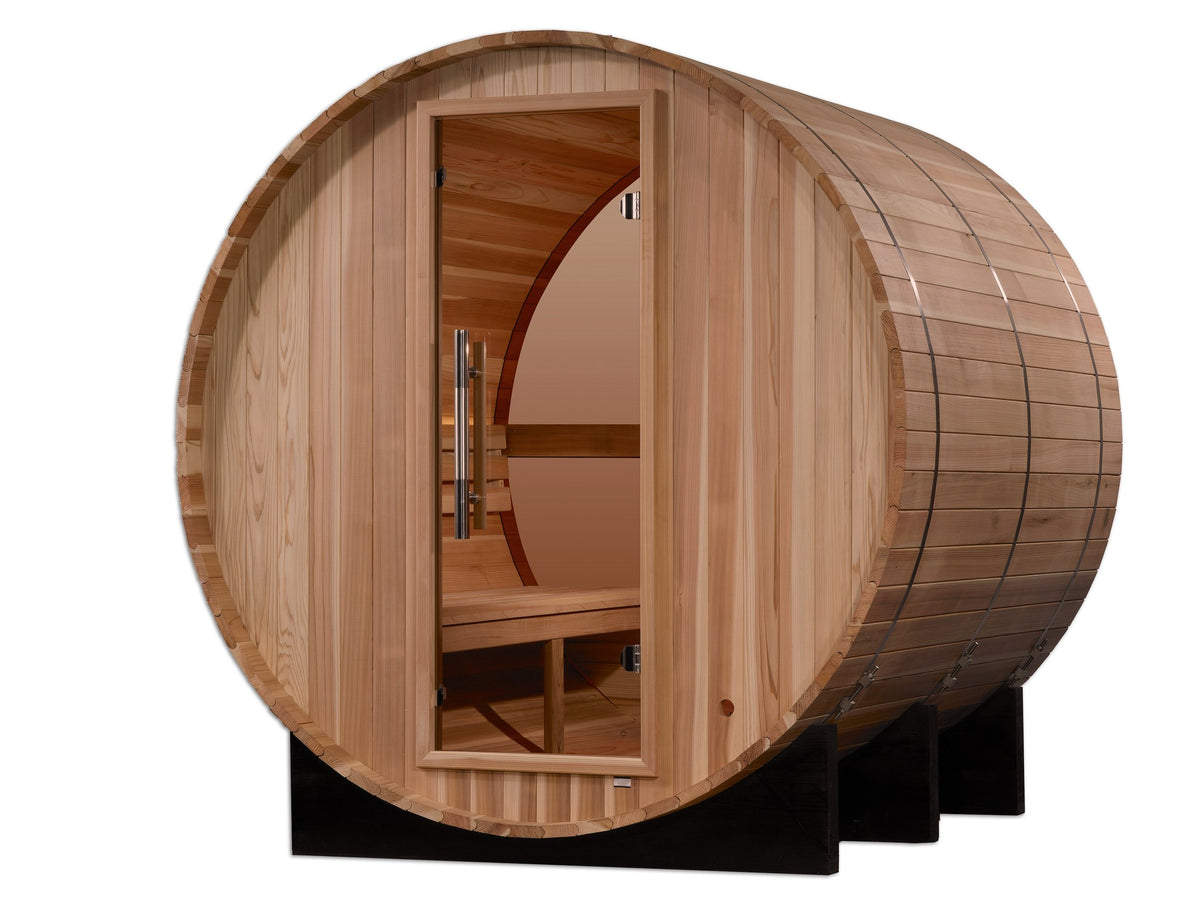 Golden Designs Zurich 4-Person Traditional Barrel Sauna with Bronze Privacy View, second front angle view