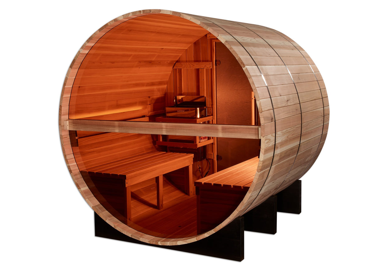 Golden Designs Zurich 4-Person Traditional Barrel Sauna with Bronze Privacy View, rear view with bronze privacy window