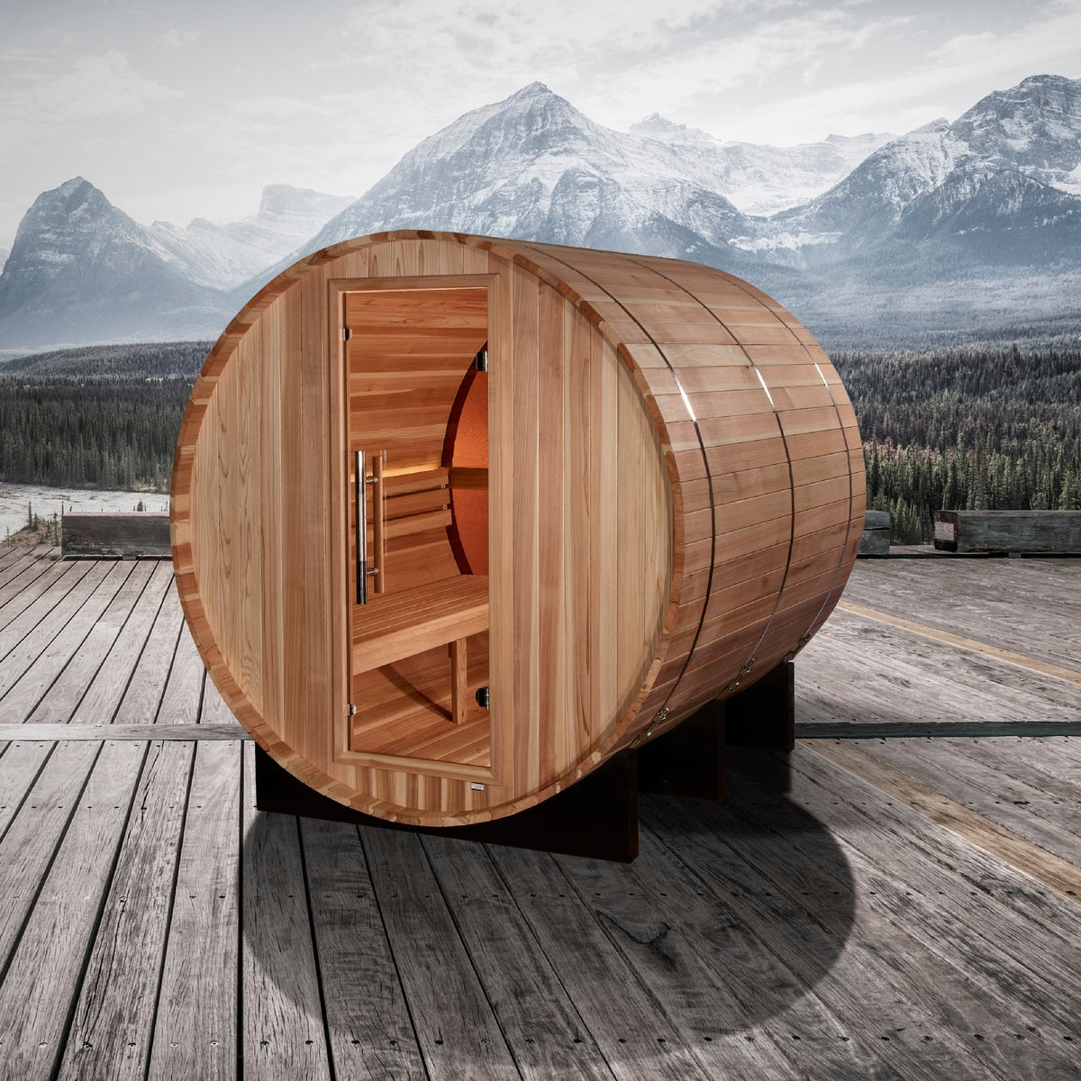 Golden Designs Zurich 4-Person Traditional Barrel Sauna with Bronze Privacy View in an outdoor setting