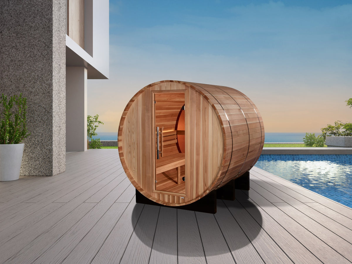 Golden Designs Zurich 4-Person Traditional Barrel Sauna with Bronze Privacy View beside a home