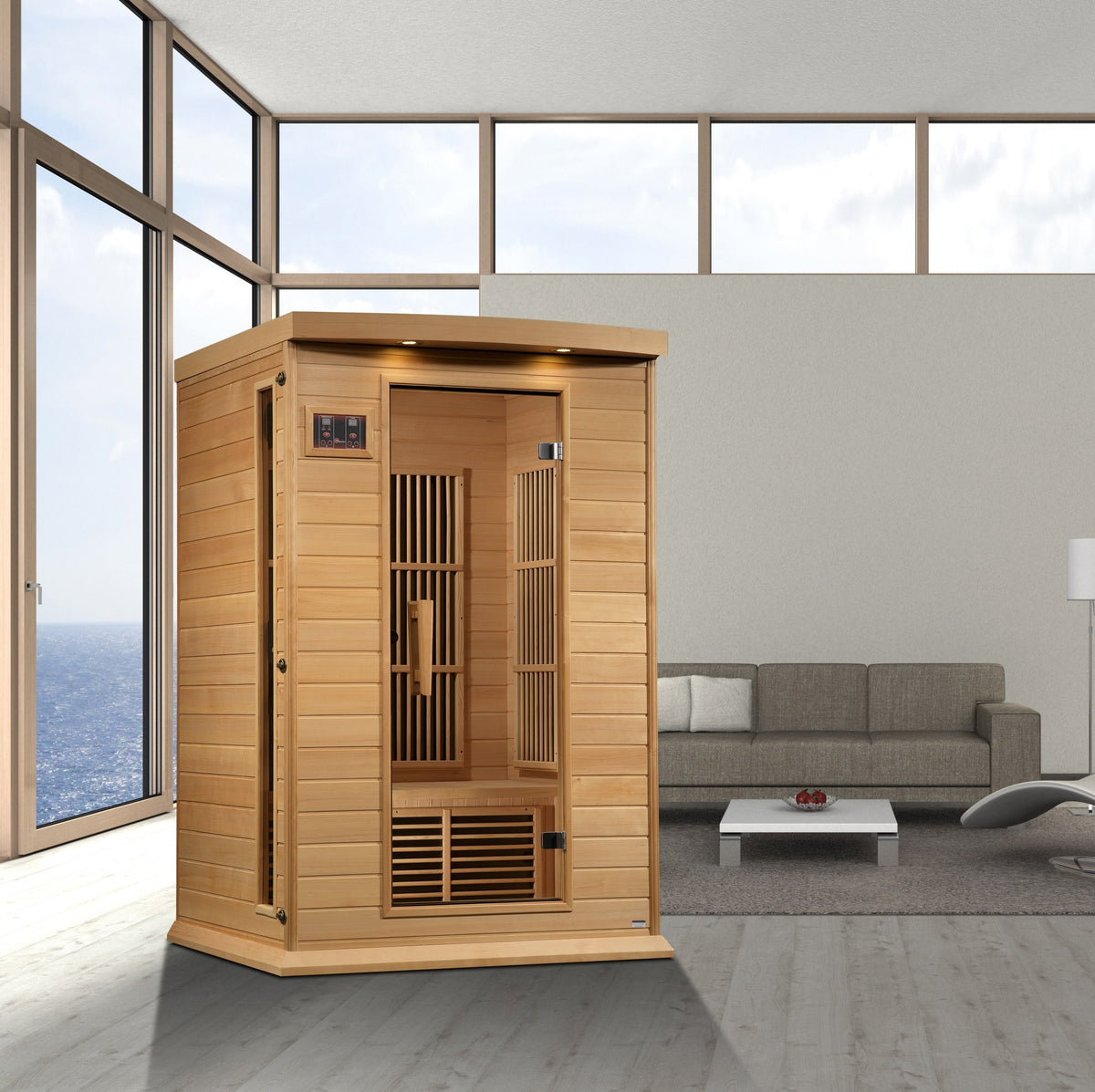 Maxxus 2-Person Near Zero EMF FAR Infrared Sauna in a home setting