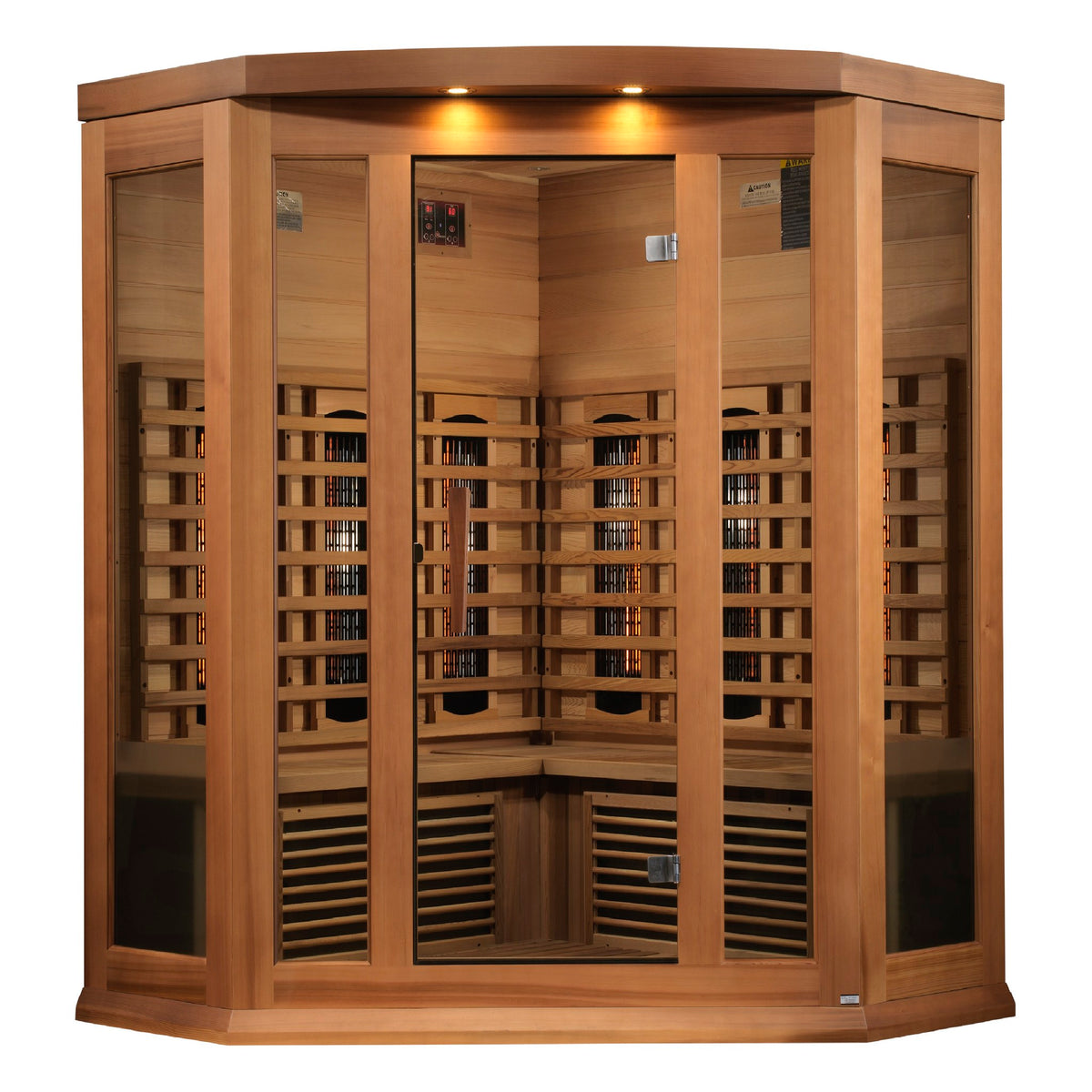 Maxxus 3-Person Corner Full Spectrum Near Zero EMF FAR Infrared Sauna, front view
