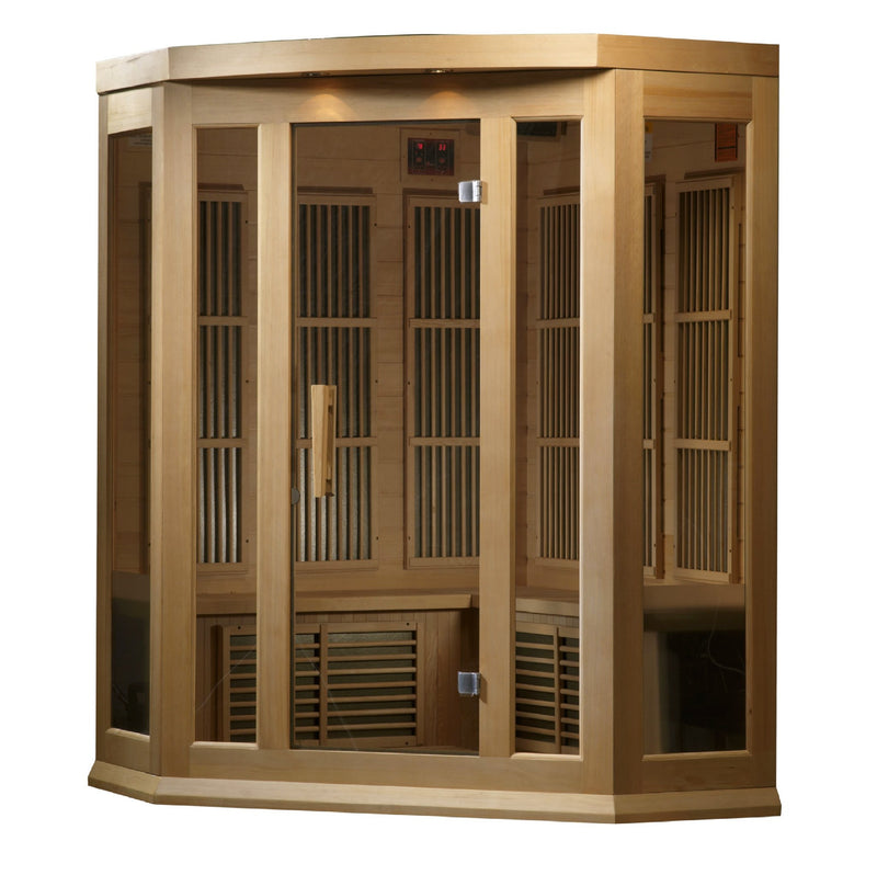 Maxxus 3-Person Corner Low EMF FAR Infrared Sauna, front angle view