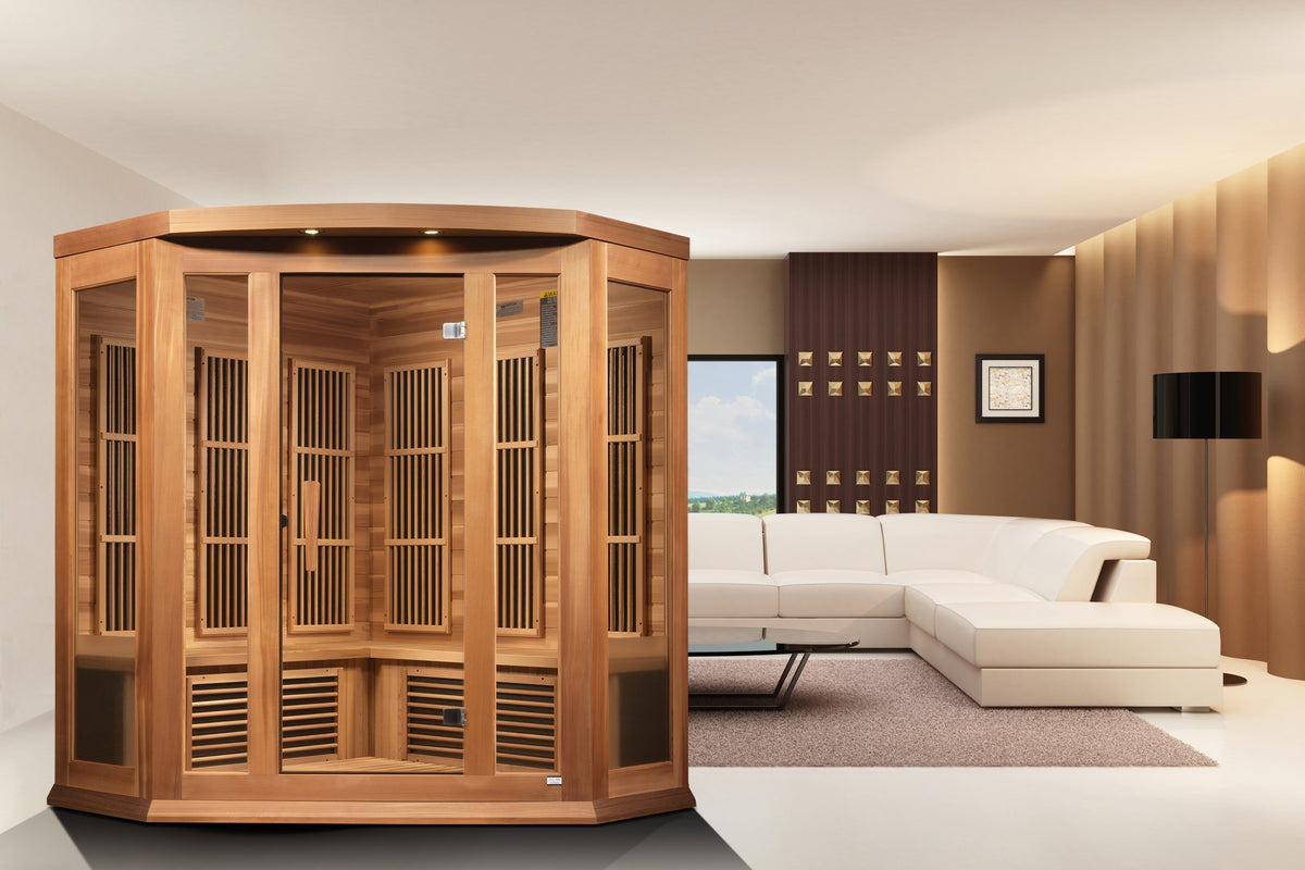 Maxxus 3-Person Corner Low EMF FAR Infrared Sauna in a home setting