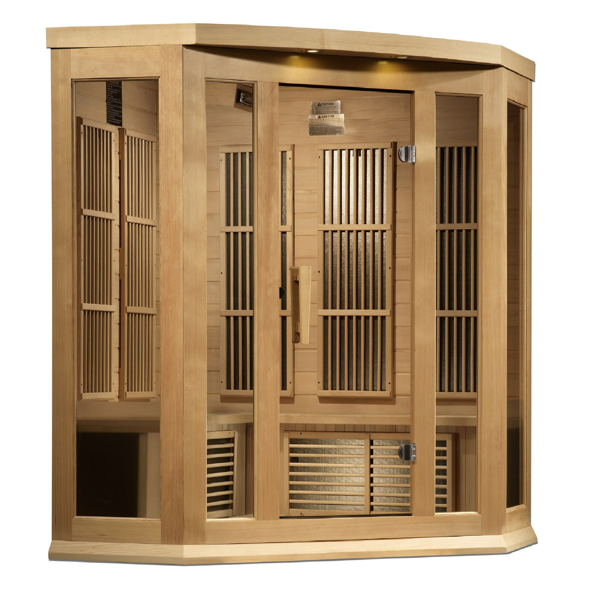 Maxxus 3-Person Corner Near Zero EMF FAR Infrared Sauna, front angle view