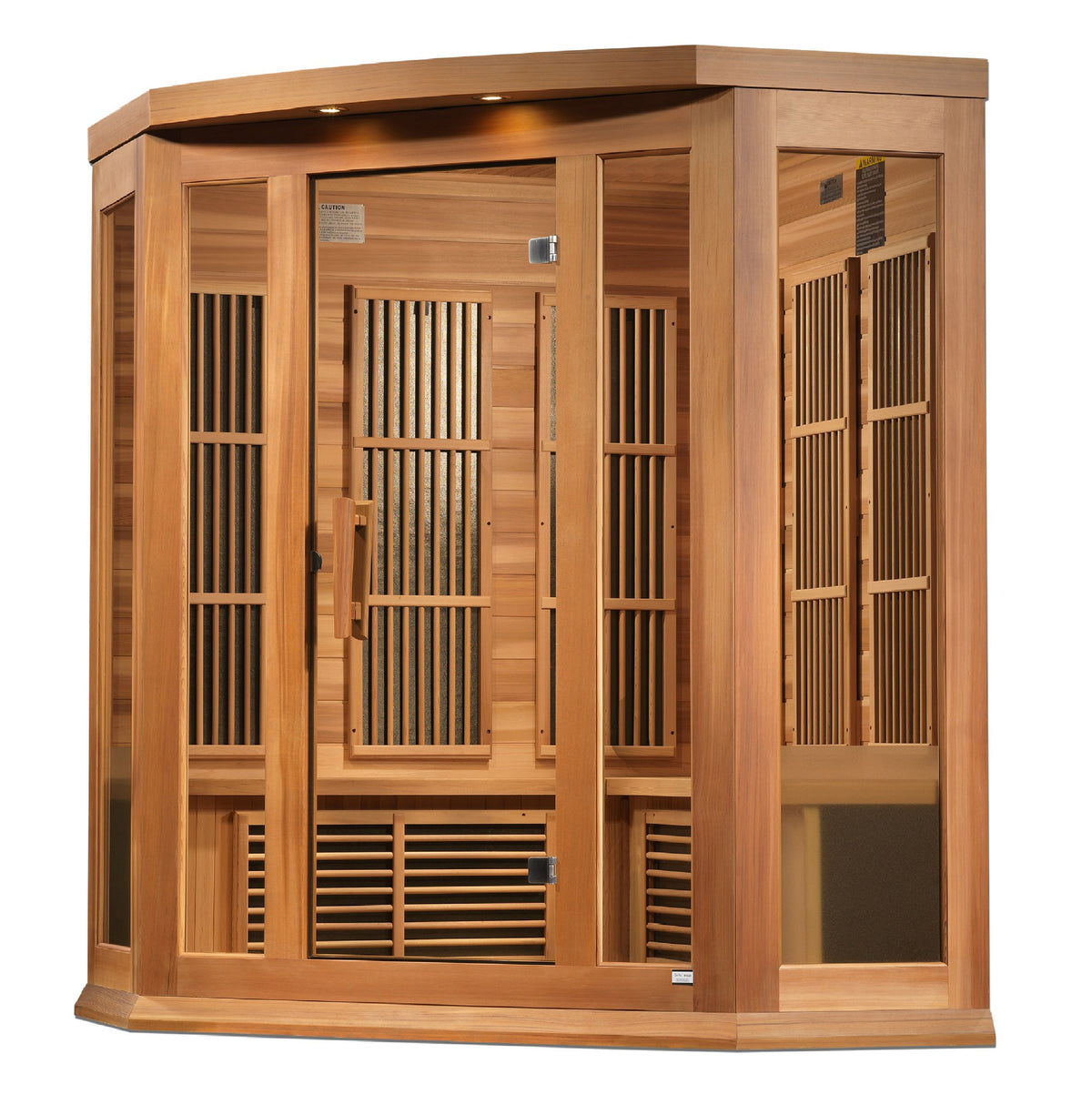 Maxxus 3-Person Corner Near Zero EMF FAR Infrared Sauna, front angle view