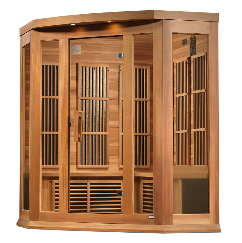 Maxxus 3-Person Corner Near Zero EMF FAR Infrared Sauna, front angle view